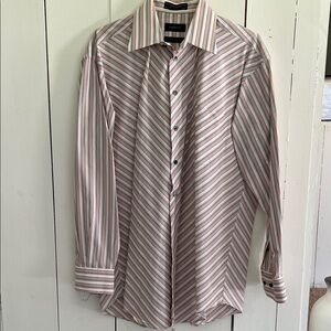 Claiborne Red and Blue Striped Collard Dress Shirt Pearl Gray Buttons Cotton
